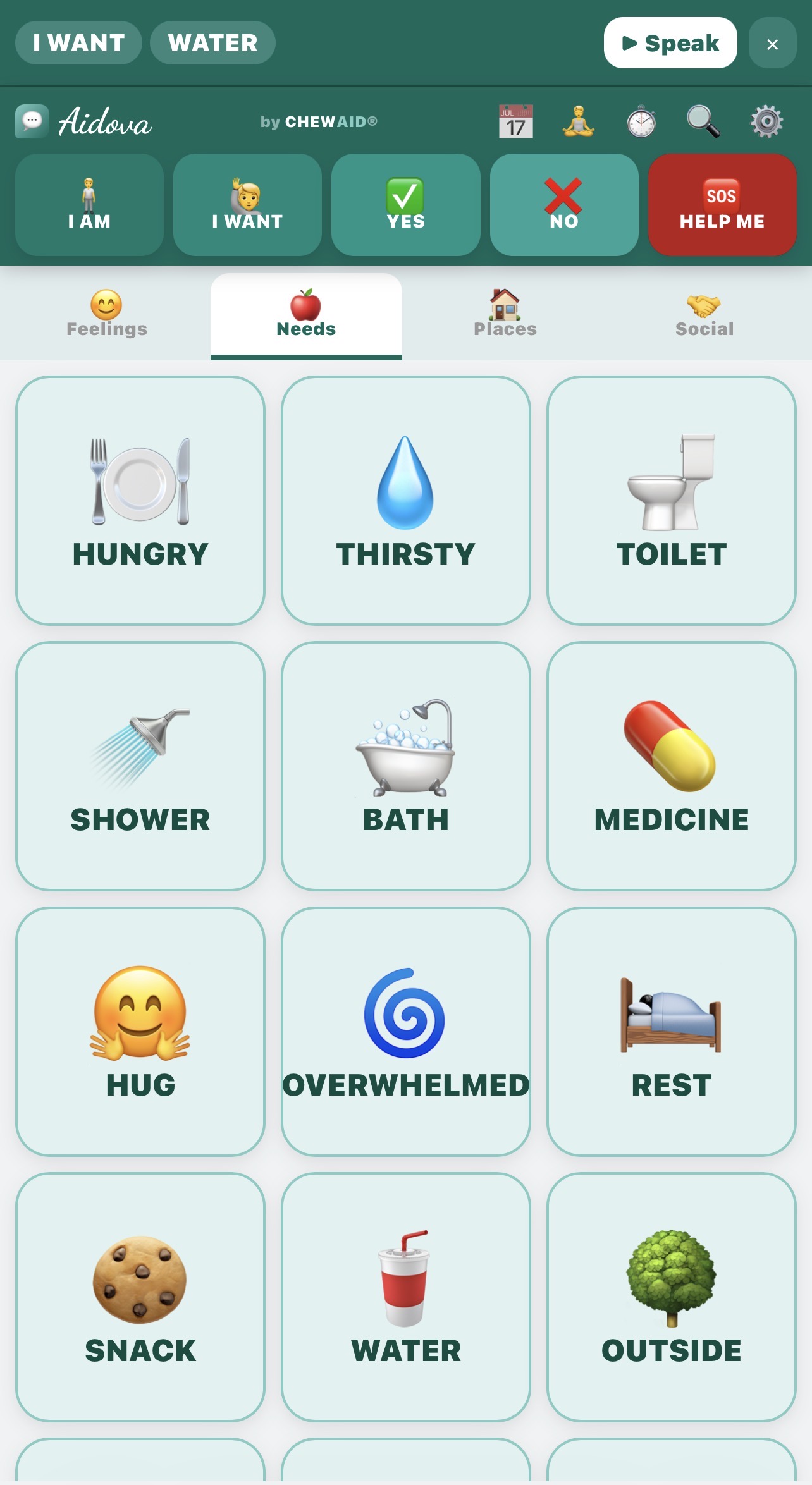 Sentence builder — I WANT WATER built up in the bar
